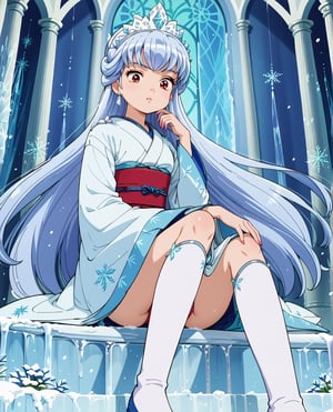 score_9, score_8_up, score_7_up, source_anime, 1girl, OyukiUYXL, red eyes, blue hair, long hair, bangs, sidelocks, hair ornament, white kimono, red sash, young face. In a snow-capped castle's grand hall, an enormous icicle adorns the ceiling. A frozen throne sits atop a dais, its icy surface glistening in the soft, wintry light. A young woman sits regally upon the throne, her hand resting against her chin as she ponders deeply. Her serious gaze is framed by wide, almond-shaped eyes that seem to hold secrets within. The delicate features of her face are set off by a crown of gleaming ice, its points and curves echoing the frosty architecture around her. from below, perineum focus,anime screencap,score_anime