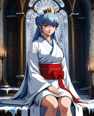 score_9, score_8_up, score_7_up, source_anime, 1girl, OyukiUYXL, red eyes, blue hair, long hair, bangs, sidelocks, hair ornament, white kimono, red sash, young face. In a snow-capped castle's grand hall, an enormous icicle adorns the ceiling. A frozen throne sits atop a dais, its icy surface glistening in the soft, wintry light. A young woman sits regally upon the throne, her hand resting against her chin as she ponders deeply. Her serious gaze is framed by wide, almond-shaped eyes that seem to hold secrets within. The delicate features of her face are set off by a crown of gleaming ice, its points and curves echoing the frosty architecture around her. from below, perineum focus,anime screencap,score_anime