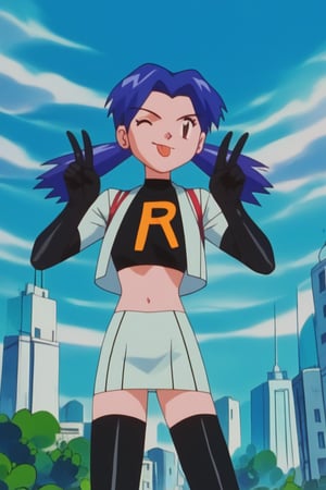 score_9, score_8_up, score_7_up, score_6_up, score_5_up, score_4_up,
team rocket uniform, white jacket, black crop top, elbow gloves, black gloves, white skirt, miniskirt, midriff, navel, thigh boots, black footwear,
casey, long hair, twintails, blue hair, standing, one eye closed, double v, tongue out, looking at viewer, 1girl, solo, BREAK, cityscape, blue sky, sunlight,
