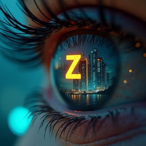 Create an image where the viewer is looking into a human eye. (man) In the eye's reflection, depict a futuristic and war-torn world, a neon glowing faded yellow zeus thunderbolt sign, The landscape should be overrun with advanced AI technology, tall buildings covered in digital advertisements and holograms, glowing cybernetic iris