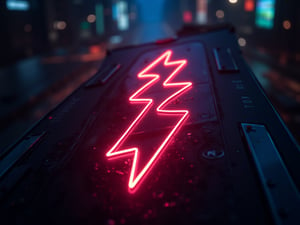 Captured from a high-angle perspective on a board in cyberpunk style, the board has a neon outline of the letter "S" in the center of it which is in the shape of lightning.