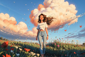 1girl, solo, long hair, smile, brown hair, open eyes, full body, flower, outdoors, sky, day, cloud, blue sky, petals,  t-shirt and jeans, cloudy sky, colorful flowers, wind, field, flower field