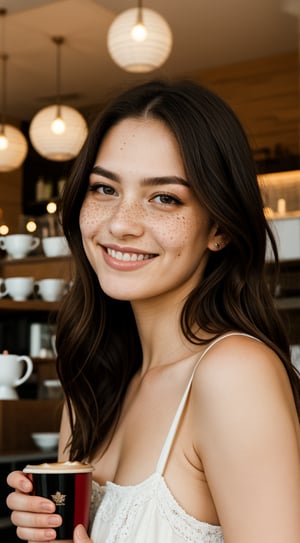 beautiful lady, freckles, big smile, dark makeup, setting in a coffe shop,hyperdetailed photography, soft light, head and shoulders portrait, cover