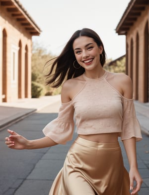 beautiful lady, freckles, big smile, dark makeup, a mid-range shot capturing her in motion, walking confidently through a picturesque location,Pair a silky slip skirt with a matching crop top for a coordinated and chic outfit weared,hyperdetailed photography, soft light, head and shoulders portrait, cover