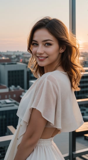 (best quality,4k,8k,highres,masterpiece:1.2),ultra-detailed,(realistic,photorealistic,photo-realistic:1.37),portrait,beautiful and smiling caucasian woman,cinematic,,Ondas e Nuances,detailed symmetric hazel eyes,circular iris,vivid colors,,,,rosy cheeks,subtle warm lighting,innocence and radiance,sparkling eyes,joyful expression,luxurious  clothing,wind blowing through her hair,subtle hint of pink in her lips,elegant posture,confident stance,long flowing blonde hair,wonder and serenity in her gaze,captivating beauty,building  in the background,She stands on a rooftop, dressed in trendy modern,evening sun, surrounded by the vibrant hues of a sunset sky,peaceful and enchanting  scene.