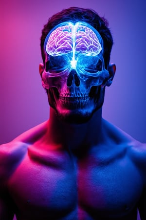 A muscular man stands in a surreal, accentric pose, his translucent glass-like skull revealing a glowing brain within. Soft bioluminescent light pulses through intricate neural pathways, refracting softly around the ethereal material. The toned body is detailed, with shadows cast dramatically by lighting that plays with the skull and body. A blurred background of pastel hues transitions from pink to purple, fading into abstraction, adding to the dreamlike quality. Contemplative, futuristic, and mysterious, this portrait fuses intellect and physical strength in a hauntingly beautiful representation.