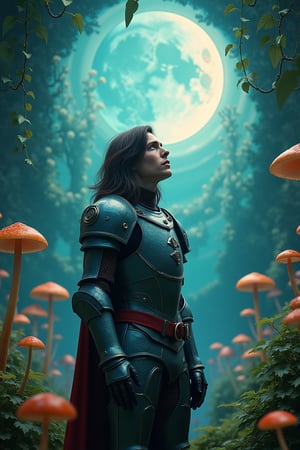 A knight in cyberpunk armor stands amidst a dreamlike forest, surrounded by vines and mushrooms that radiate an otherworldly glow. Dark brown hair flows like a river down his back as he gazes up at a crescent moon, its silvery light reflecting off the intricate detailing of his suit. The composition is masterfully framed, with the knight's figure centered amidst a vortex of psychedelic colors - blues and greens swirling together in a mesmerizing dance. His gaze is intense, his pose powerful, as if he's ready to charge into battle at any moment. The atmosphere is dynamic and dramatic, with a sense of chivalry and honor emanating from this surreal masterpiece.