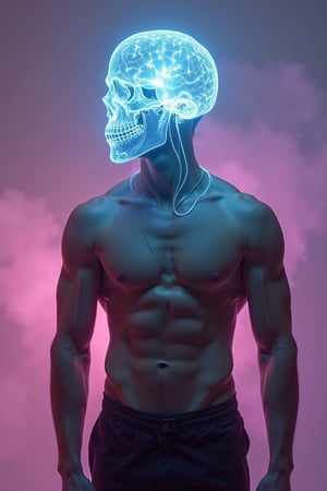 A muscular man stands in a surreal, accentric pose, his translucent glass-like skull revealing a glowing brain within. Soft bioluminescent light pulses through intricate neural pathways, the bosy wrapped with a white wire, refracting softly around the ethereal material. The toned body is detailed, with shadows cast dramatically by lighting that plays with the skull and body. A blurred background of pastel hues transitions from pink to purple, fading into abstraction, adding to the dreamlike quality. Contemplative, futuristic, and mysterious, this portrait fuses intellect and physical strength in a hauntingly beautiful representation. Use best of studio lighting , RAW, using Hasselblad camera