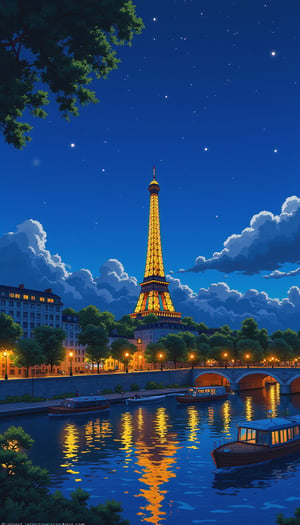 Nighttime scene in Paris featuring the Eiffel Tower illuminated against a starry sky. The city lights reflect off the Seine River, creating a magical and romantic atmosphere. The image is in sharp anime style, with detailed architecture and vibrant colors that bring out the beauty of Paris at night. Keywords: night, city, nice look, Paris, animescape, sharpanime.
