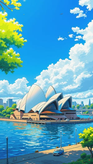 A vibrant anime-style depiction of the Sydney Opera House, shining under a clear blue sky. The harbor is calm, reflecting the iconic structure's sails, and the city skyline is visible in the background. The image is sharp, with bright colors that capture the lively atmosphere of Sydney. Keywords: day, city, nice look, Sydney, animescape, sharpanime.
