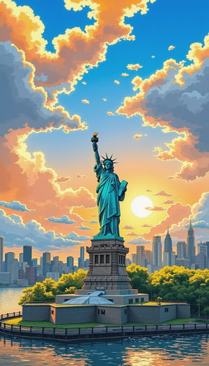 A stunning anime-style illustration of the Statue of Liberty standing tall against the backdrop of a bright, bustling New York City. The sky is filled with soft clouds and the sun sets in the distance, casting a golden glow over the city. The details of the statue are sharp, with vibrant colors highlighting its iconic features. Keywords: day, city, nice look, New York, animescape, sharpanime.
