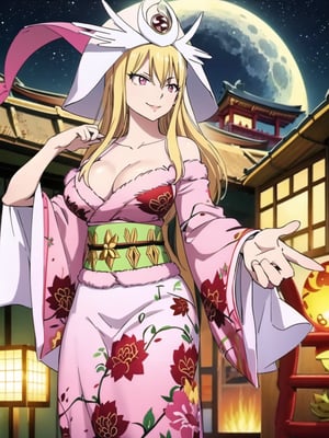 ftselenecas, pink eyes, blonde hair, mature female,cleavage, hat, kimono, japanese clothes, moon, white clothes , big chest, smile, perfect waist, large breasts, kimono, front view