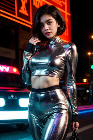  A girl with short, pixie-cut hair, dressed in a futuristic outfit, standing in a neon-lit cityscape at night. The city is bustling with flying cars and holographic advertisements. She has a confident and adventurous look on her face as she navigates through the vibrant, high-tech environment