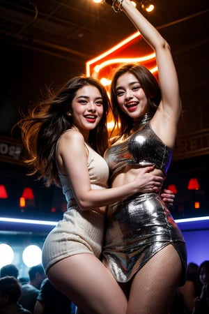 A dimly lit nightclub scene: Two girls, their faces aglow with excitement and laughter, dance amidst a haze of smoke and pulsating LED lights. The air is electric with the thumping beat of the music, their bodies swaying in harmony as they lose themselves in the rhythm.