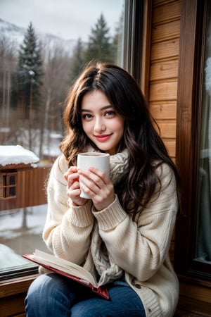 A girl with wavy hair, dressed in a cozy sweater and scarf, sitting by a window in a quaint, snow-covered cabin. She is sipping hot cocoa and reading a book, with a content smile on her face. Outside, snowflakes gently fall, creating a peaceful and serene winter scene.”