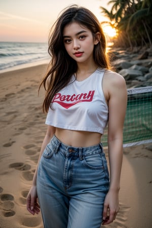 at beach golden hour in crop tops and jeans and  peaple playing volleyball around