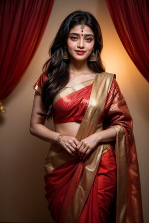 A stunning Indian woman adorned in a vibrant red saree with ornate sequined borders, her long hair cascading to one side as she sports a gentle smile. Traditional earrings and a small bindi adorn her forehead. Against a dark, plain backdrop, the saree's bright hue takes center stage, exuding cultural elegance and beauty.