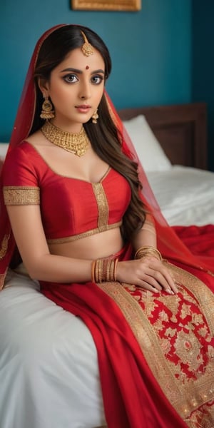 Imagine an Indian AI influencer seated elegantly on a bed, adorned in a stunning bridal outfit. Her attire is a traditional red and gold lehenga, rich with intricate embroidery and shimmering sequins. The dupatta (veil) is draped gracefully over her head, partially covering her long, flowing hair styled in soft waves. Her makeup is flawless, with bold eyeliner, a touch of gold eyeshadow, and deep red lipstick, enhancing her striking features. She wears heavy traditional jewelry, including a maang tikka (forehead ornament), choker necklace, bangles, and jhumkas (dangling earrings), all in gold with red and green gemstones.

The bed she's sitting on is draped with soft, luxurious fabrics in warm tones, complementing her outfit. Behind her, the backdrop includes traditional Indian decor with a modern twist, perhaps a mix of classic patterns and minimalistic elements, reflecting her tech-savvy nature. The room is softly lit, highlighting her poised posture as she gazes thoughtfully, embodying both tradition and modernity. The subtle presence of tech gadgets around her hints at her identity as an AI influencer, blending seamlessly with the cultural ambiance.