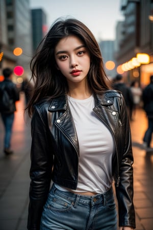  (masterpiece), (extremely intricate:1.3), (realistic), entered, award winning upper body digital art, (hyperelistic shadows), masterpiece, | korean, tight blue jean, open leather jacket, | city, sea, bokeh, blurred background, depth of field