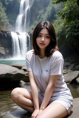 change pose, sitting near big milky  water fall wearing loose t shirt in the morning