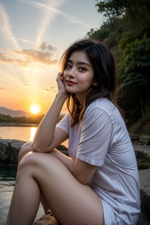 change pose, sitting near big milky  water fall wearing loose t shirt at golden hour at dust the sun ray coming from sky.