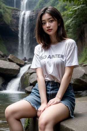 change pose, sitting near big water fall wearing loose t shirt in the morning