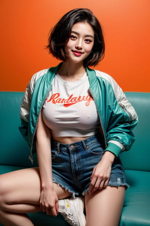 A cinematic masterpiece! In a vibrant teal-and-orange hued frame (0.85), a stunning Korean beauty model, Taeri, dominates the scene with her captivating 18-year-old charm. Her gorgeous face and striking eyes, oversized and big, radiate warmth as she smiles directly at the viewer. Her short, pink-sleek pixie-cut hair style complements her stylish ensemble: an oversized rainbow bomber jacket (M1), blue jeans shorts, and crisp white sneakers. The muted colors of the background (1.3) provide a soothing contrast to Taeri's bright attire, creating an absurdly high-quality illustration (absurdres) that pops with photorealistic detail.