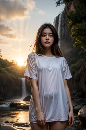 change pose, the  wearing loose t shirt  under big waterfall at golden hour at dust the sun ray coming from sky.