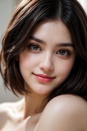 A gentle smile illuminates a clear, unblemished complexion as the subject's gaze directly meets the camera lens in a tight, close-up shot. Soft, natural light envelops the facial features, highlighting the subtle contours and fine details of their skin. The photographer's studio provides a neutral background, allowing the subject's expressive eyes to take center stage.