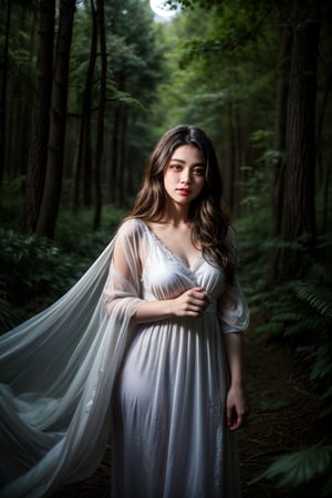  A beautiful young girl with long, flowing hair, standing in a serene, enchanted forest. She is wearing a flowing, ethereal dress that glows softly in the moonlight. The forest is filled with vibrant, bioluminescent plants and flowers, and the air is filled with tiny, glowing fireflies. The girl has a look of wonder and curiosity on her face as she explores this magical place. The scene is illuminated by the soft, silvery light of the full moon, casting gentle shadows and creating a mystical atmosphere