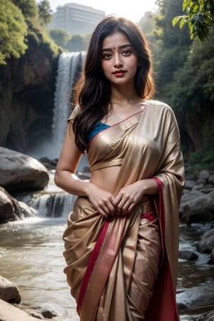 change pose, the  wearing saree under big waterfall taking a shower at golden hour at dust the sun ray coming from sky.