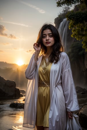 change pose, the  wearing kurtha suruwal under big waterfall taking a shower at golden hour at dust the sun ray coming from sky.