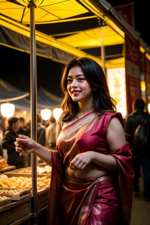 The camera captures the young woman's radiant smile as she walks through the bustling festival grounds, surrounded by twinkling lanterns and vibrant market stalls. The scent of sweet incense wafts through the air, mingling with the rhythmic beats of traditional drums. As she absorbs the kaleidoscope of colors and sounds, her eyes sparkle with wonder. Amidst the mesmerizing display, she pauses at a stall showcasing intricate shadow puppets, transfixed by the silhouettes' gentle dance. In this moment, she discovers a hidden talent for creative expression, realizing that amidst the festival's sensory overload, she found solace in the beauty of storytelling and the art of bringing characters to life through shadows.