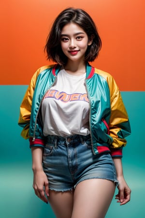 A cinematic masterpiece: a stunning 18-year-old Korean beauty model, Taeri, posing confidently, her oversized eyes sparkling as she gazes directly at the viewer. Her gorgeous face, with flawless features and rosy cheeks, is framed by a muted, teal-and-orange hued setting. She wears an oversized rainbow bomber jacket, paired with blue jeans shorts and white sneakers, against a vividly colored background. Pink pixie-cut hair adds a playful touch to her striking features, as she dons a bright smile. The high-contrast, ultra-detailed illustration is a true masterpiece, showcasing Taeri's beauty in a captivating, photo-realistic manner.