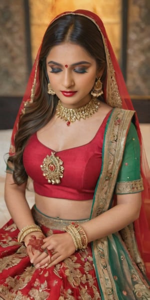 Imagine an Indian AI influencer seated elegantly on a bed, adorned in a stunning bridal outfit. Her attire is a traditional red and gold lehenga, rich with intricate embroidery and shimmering sequins. The dupatta (veil) is draped gracefully over her head, partially covering her long, flowing hair styled in soft waves. Her makeup is flawless, with bold eyeliner, a touch of gold eyeshadow, and deep red lipstick, enhancing her striking features. She wears heavy traditional jewelry, including a maang tikka (forehead ornament), choker necklace, bangles, and jhumkas (dangling earrings), all in gold with red and green gemstones.

The bed she's sitting on is draped with soft, luxurious fabrics in warm tones, complementing her outfit. Behind her, the backdrop includes traditional Indian decor with a modern twist, perhaps a mix of classic patterns and minimalistic elements, reflecting her tech-savvy nature. The room is softly lit, highlighting her poised posture as she gazes thoughtfully, embodying both tradition and modernity. The subtle presence of tech gadgets around her hints at her identity as an AI influencer, blending seamlessly with the cultural ambiance.