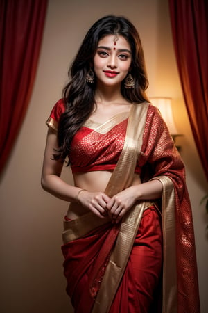  The image shows a woman dressed in a red saree with intricate sequined details along the borders. She is smiling, and her long, straight hair falls to one side. She is wearing traditional earrings and has a small bindi on her forehead. The background is plain and dark, which highlights her bright red saree. The overall look is traditional and elegant, conveying a sense of cultural beauty. Indian,little smiling, smooth
