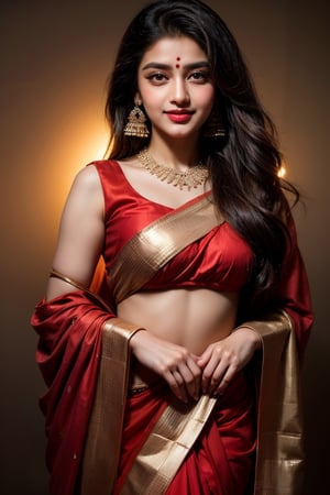 A stunning Indian woman adorned in a vibrant red saree with sequined borders, her long hair falling elegantly to one side as she wears a subtle smile. Her traditional earrings and small bindi accentuate her features against the dark, plain background, highlighting the saree's intricate design. The overall composition exudes cultural beauty, capturing a sense of elegance and refinement.