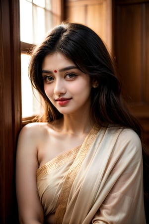 Exquisite Indian woman's face bathed in warm golden light, soft focus emphasizing delicate features. Traditional saree draped elegantly across shoulders, vibrant colors and intricate patterns woven together. Gentle smile plays on lips as she gazes softly into distance, amidst creamy white walls with subtle textures and ornate wooden carvings.