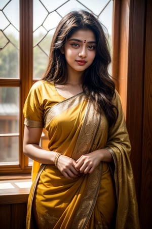  Indian woman, her face aglow in warm golden light, wears yellow t-shirt, the vibrant colors and delicate patterns intricately woven together. A soft, gentle smile plays on her lips as she gazes softly into the distance, amidst a serene background of creamy white walls, adorned with subtle textures and ornate wooden carvings standing at neart the window