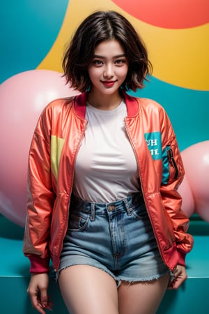 A cinematic masterpiece: a stunning 18-year-old Korean beauty model, Taeri, posing confidently, her oversized eyes sparkling as she gazes directly at the viewer. Her gorgeous face, with flawless features and rosy cheeks, is framed by a muted, teal-and-orange hued setting. She wears an oversized rainbow bomber jacket, paired with blue jeans shorts and white sneakers, against a vividly colored background. Pink pixie-cut hair adds a playful touch to her striking features, as she dons a bright smile. The high-contrast, ultra-detailed illustration is a true masterpiece, showcasing Taeri's beauty in a captivating, photo-realistic manner.