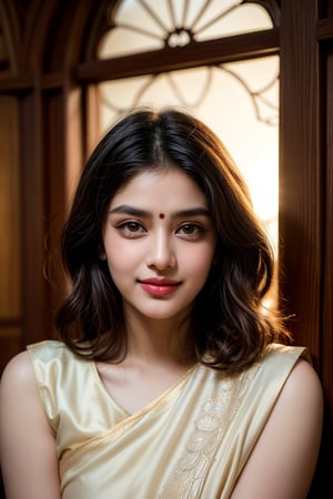 A close-up portrait of an exquisite Indian woman, her face aglow in warm golden light, wears crop top shirt, the vibrant colors and delicate patterns intricately woven together. A soft, gentle smile plays on her lips as she gazes softly into the distance, amidst a serene background of creamy white walls, adorned with subtle textures and ornate wooden carvings.