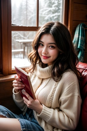 A girl with wavy hair, dressed in a cozy sweater and scarf, sitting by a window in a quaint, snow-covered cabin. She is sipping hot cocoa and reading a book, with a content smile on her face. Outside, snowflakes gently fall, creating a peaceful and serene winter scene.”