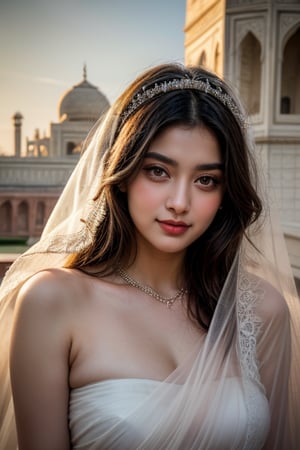 A delicate, lace-trimmed veil drapes elegantly across a serene face, as a soft golden light casts a warm glow on the intricate stone carvings of the Taj Mahal's marble surface. The subject's eyes seem to sparkle with a gentle intensity, set against the majestic monument's grandeur.