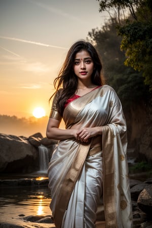 change pose, the  wearing saree under big waterfall taking a shower at golden hour at dust the sun ray coming from sky.