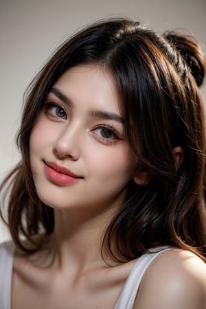 A gentle smile illuminates a clear, unblemished complexion as the subject's gaze directly meets the camera lens in a tight, close-up shot. Soft, natural light envelops the facial features, highlighting the subtle contours and fine details of their skin. The photographer's studio provides a neutral background, allowing the subject's expressive eyes to take center stage.