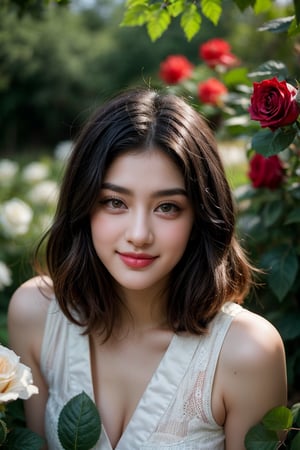 In a vibrant color splash style photograph, a stunning 20-year-old woman wearing a traditional Cherokee Indian costume stands in a lush rose garden, bathed in warm sunlight from above (1.3). Her alluring smile and beautiful, detailed eyes with double eyelids shine bright, framed by her thin face and short hair with long locks reaching down to her shoulders (1.2). The camera captures her real hands and muscular, fit body, showcasing semi-visible abs. The rose garden's vibrant colors and lush foliage create a stunning backdrop for this masterpiece, shot from directly above (1.3), with the best possible quality in 4K resolution.