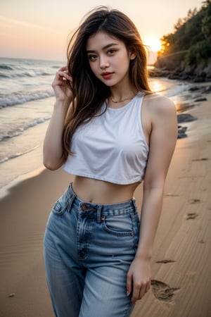 at beach golden hour in crop tops and jeans