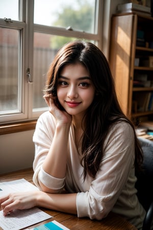 Mia's hands move deftly amidst an array of art supplies scattered across her desk, her concentrated expression bathed in warm natural light pouring in from the adjacent window. Soft focus captures the gentle smile spreading across her face as she adds final details, radiating pride and elation amidst harmonious background music.