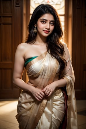 Exquisite Indian woman's face bathed in warm golden light, soft focus emphasizing delicate features. Traditional saree draped elegantly across shoulders, vibrant colors and intricate patterns woven together. Gentle smile plays on lips as she gazes softly into distance, amidst creamy white walls with subtle textures and ornate wooden carvings.