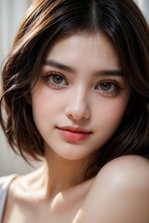 A serene individual with a clear and unblemished complexion, bathed in the warmth of soft light within a professional photo studio. The camera captures a close-up shot, focusing on their gentle gaze directly at the lens, as if sharing a personal secret with the viewer.